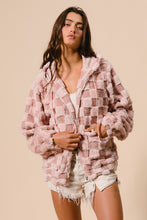 Load image into Gallery viewer, BiBi Checkered Pattern Zip Up Front Sherpa Hoodie in Dusty Pink/Blush