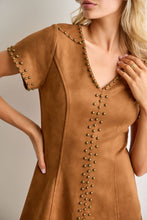 Load image into Gallery viewer, BaeVely Stud Detail Faux Suede V-Neck Mini Dress in Brown