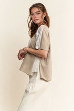 Load image into Gallery viewer, Davi & Dani Knit Top with Lace Details and Heart Peace Sign Patch Front in Taupe
