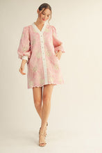 Load image into Gallery viewer, Jodifl Embroidered Pinstripe Ruffle Neck Dress with Lace Detail in Pink
