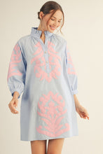 Load image into Gallery viewer, Jodifl Baroque Floral Applique Shift Dress in Powder Blue ON ORDER