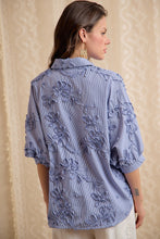 Load image into Gallery viewer, BiBi Stripe Embroidered Short Sleeves Button Blouse in Chambray