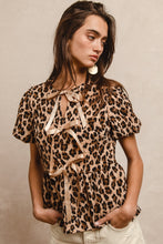 Load image into Gallery viewer, BiBi Textured Peplum Top with Ribbon Ties in Leopard