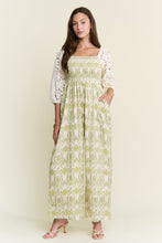 Load image into Gallery viewer, J.nna Lace Sleeve Smocked Bodice Jumpsuit in Green