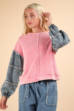 Load image into Gallery viewer, Very J OVERSIZED Terry Knit Top with Denim Sleeves in Rose