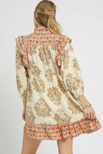 Load image into Gallery viewer, Umgee Damask Print Mini Dress with Ikat Border Print in Latte Mix
