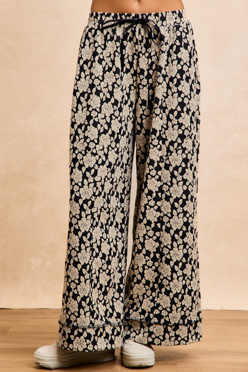 BiBi Floral Jacquard Wide Leg Pants in Black/Light Grey – June Adel