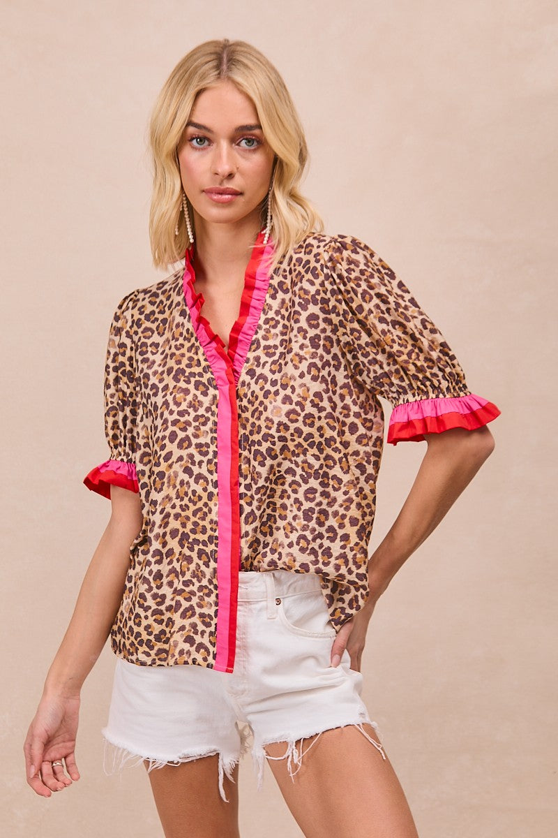 トップス bibi BiBi Leopard Print Top with Contrasting Striped Trim – June Adel