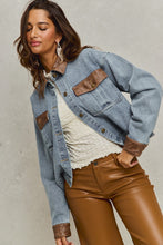 Load image into Gallery viewer, So Me Denim Jacket with Contrasting Faux Leather Details in Denim/Brown