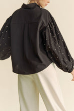 Load image into Gallery viewer, Davi & Dani Solid Color Button Up Top with Stone Embellished Sleeves in Black