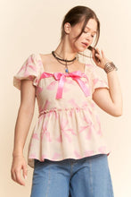 Load image into Gallery viewer, Davi & Dani Bow Print Peplum Top in Pink