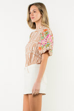 Load image into Gallery viewer, THML Geometric Print Top with Floral Embroidery Sleeves in Brown