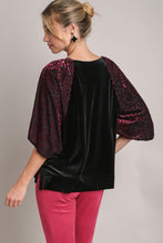 Load image into Gallery viewer, Umgee Solid Velvet Top with Animal Print Burnout Sleeves in Black