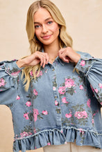 Load image into Gallery viewer, BiBi Peplum Floral Print Denim Button Down Top in Washed Denim