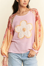 Load image into Gallery viewer, Davi & Dani Waffle Knit Top with Mix N Match Prints and Flower Patch Front in Pink Multi