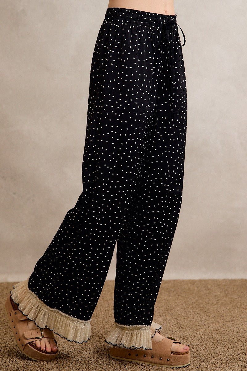 So Me Polka Dot Wide-Leg Pants With Lace Hem in Black – June Adel