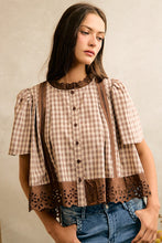 Load image into Gallery viewer, So Me Cotton Check Lace Trim Blouse in Brown