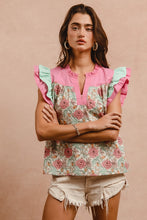 Load image into Gallery viewer, BiBi Floral Print Top with Contrasting Double Ruffle Sleeves in Rose Pink