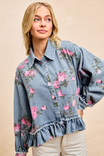 Load image into Gallery viewer, BiBi Peplum Floral Print Denim Button Down Top in Washed Denim