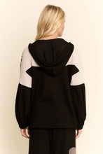 Load image into Gallery viewer, Davi & Dani OVERSIZED Hooded Mixed Fabric Top with Flower Patch in Black Cream
