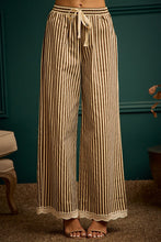 Load image into Gallery viewer, So Me Twill Stripe Banding Waist Lace Trim Hem Pants in Brown/Ivory