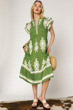 Load image into Gallery viewer, Umgee Two Toned Border Print Midi Dress in Green ON ORDER