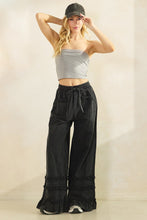 Load image into Gallery viewer, Mittoshop Mineral Washed Ruffle Trim Wide Leg Pants in Ash Black