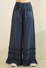 Load image into Gallery viewer, Mittoshop Mineral Washed Ruffle Trim Wide Leg Pants in New Blueberry