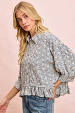 Load image into Gallery viewer, BiBi Floral Embroidery Grid Checked Ruffled Hem Button-Up Top in Navy