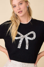 Load image into Gallery viewer, Main Strip Sweater Knit Top with Sequin Bow Front in Black