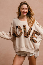 Load image into Gallery viewer, BiBi OVERSIZED Solid Color Top with Leopard "LOVE" Letter Patches in Oatmeal ON ORDER