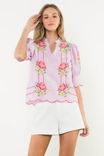 Load image into Gallery viewer, THML Burnout Checkered Top with Stitching and Floral Embroidery Details in Pink