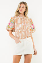 Load image into Gallery viewer, THML Geometric Print Top with Floral Embroidery Sleeves in Brown