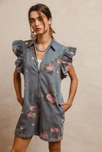 Load image into Gallery viewer, BiBi Washed Floral Print Zip Up Front Romper in Denim