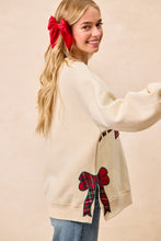 Load image into Gallery viewer, BiBi Fleece Sweatshirt with Plaid MERRY Front Patch and Side Bow Patches in Cream/Red Plaid