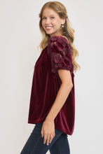 Load image into Gallery viewer, Umgee Velvet Split Neck Top with Lace Sleeves in Plum