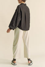 Load image into Gallery viewer, Davi & Dani Solid Color Button Up Top with Stone Embellished Sleeves in Black