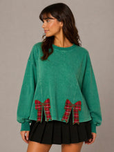 Load image into Gallery viewer, AnnieWear Mineral Washed Christmas Plaid Bow Embroidered Sweatshirt in Green