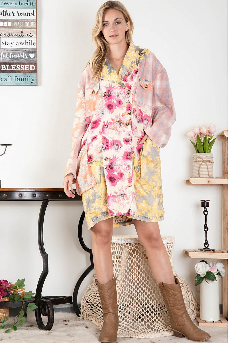 BlueVelvet Double Breasted Mixed Floral Patchwork Jacket in Pink