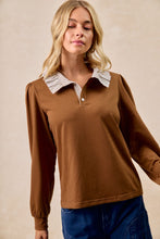 Load image into Gallery viewer, BiBi French Terry Top with Contrasting Striped Ruffle Collar in Dark Mocha