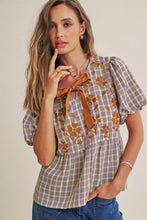 Load image into Gallery viewer, In February French Farm Bubble Sleeves Plaid Embroidered Babydoll Blouse in Dark Cobalt