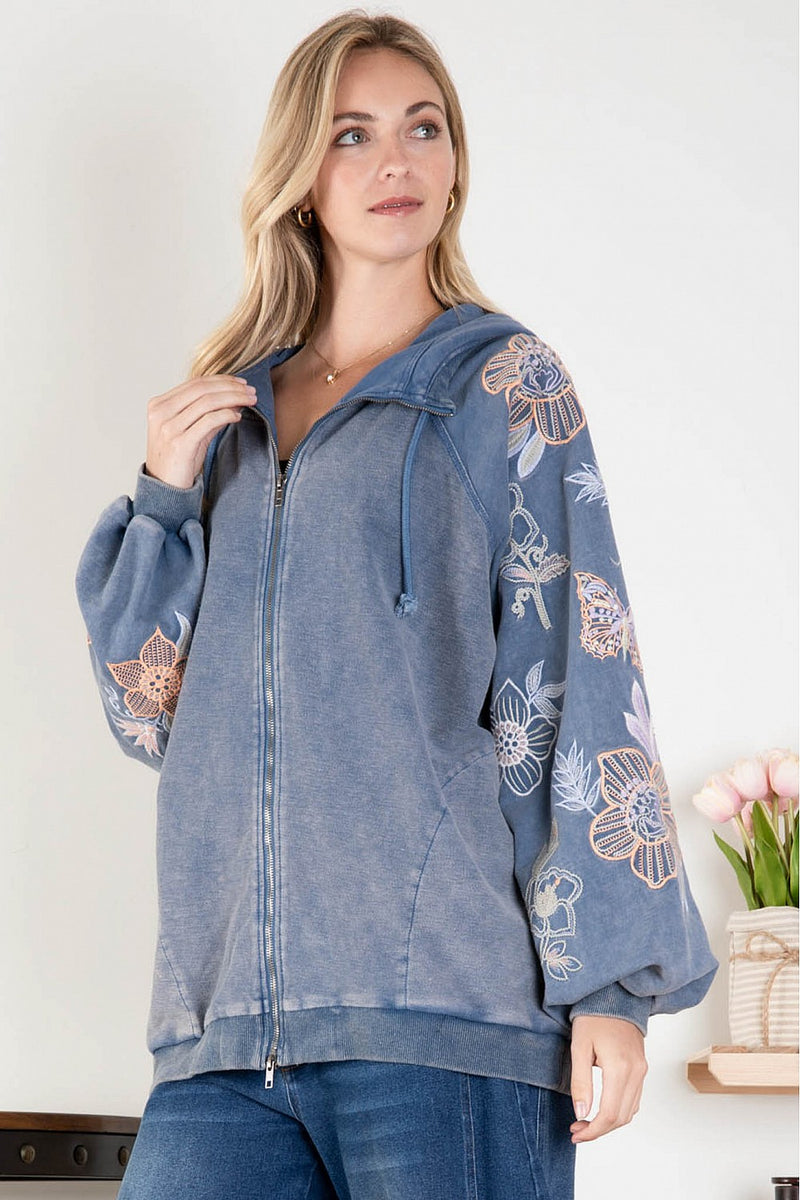 BlueVelvet Embroidered Sleeve Hooded Jacket in Washed Denim – June