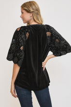 Load image into Gallery viewer, Umgee Velvet Split Neck Top with Floral Lace Sleeves in Black
