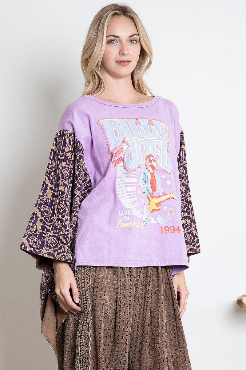 BlueVelvet Billy Joel Print Top with Mixed Print Sewn Poncho