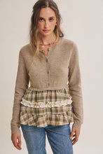 Load image into Gallery viewer, In February Quiet Cottage Mixed Media Plaid Peplum Sweater Cardigan in Oatmeal/Olive
