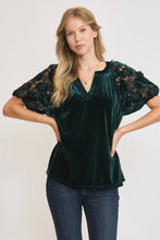 Load image into Gallery viewer, Umgee Velvet Split Neck Top with Lace Sleeves in Teal Green