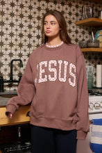 Load image into Gallery viewer, BucketList “JESUS” Heart Applique Varsity Sweatshirt in Brown