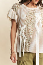 Load image into Gallery viewer, Davi & Dani Waffle Knit Color Block Mixed Print Top with Bow Details in Taupe Mocha