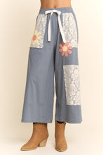 Load image into Gallery viewer, Davi & Dani Knit and Lace Pants with Flower Patches in Blue Multi