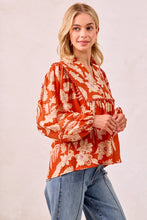 Load image into Gallery viewer, BiBi Flower Print Woven Top with Scallop Trim Detail in Rust